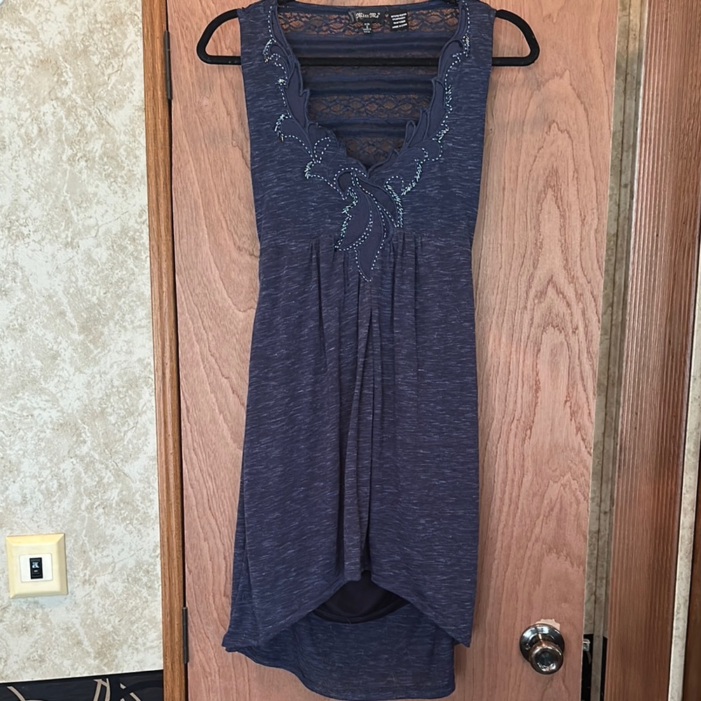 Miss Me Blue Asymmetrical Embellished Tank Top